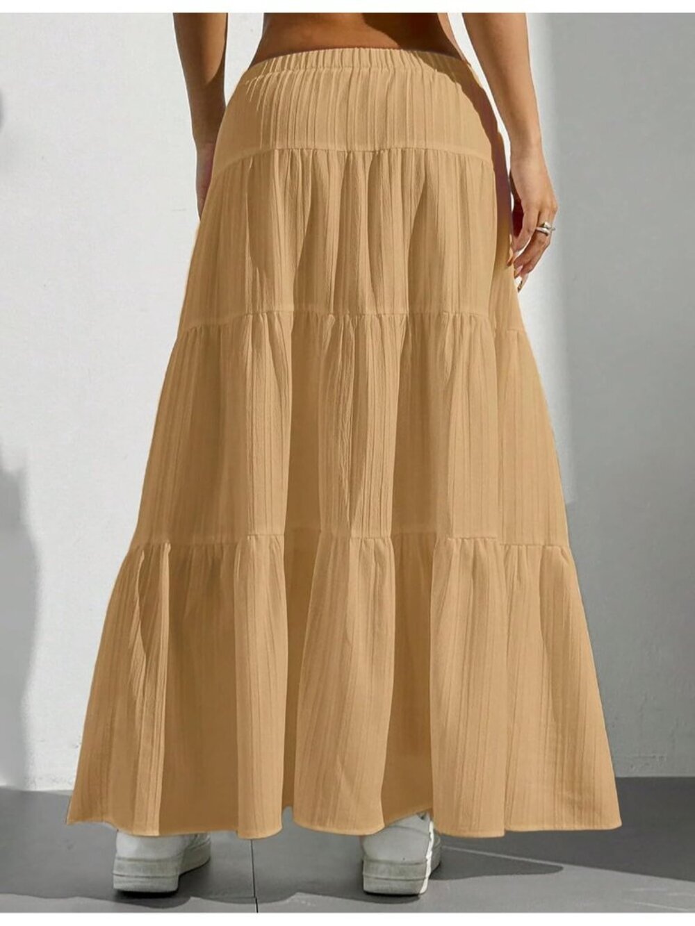 Women's Boho Flowy Khaki Maxi Skirt Flared Ruffle A Line Spring Long Skirts - Picture 2 of 6